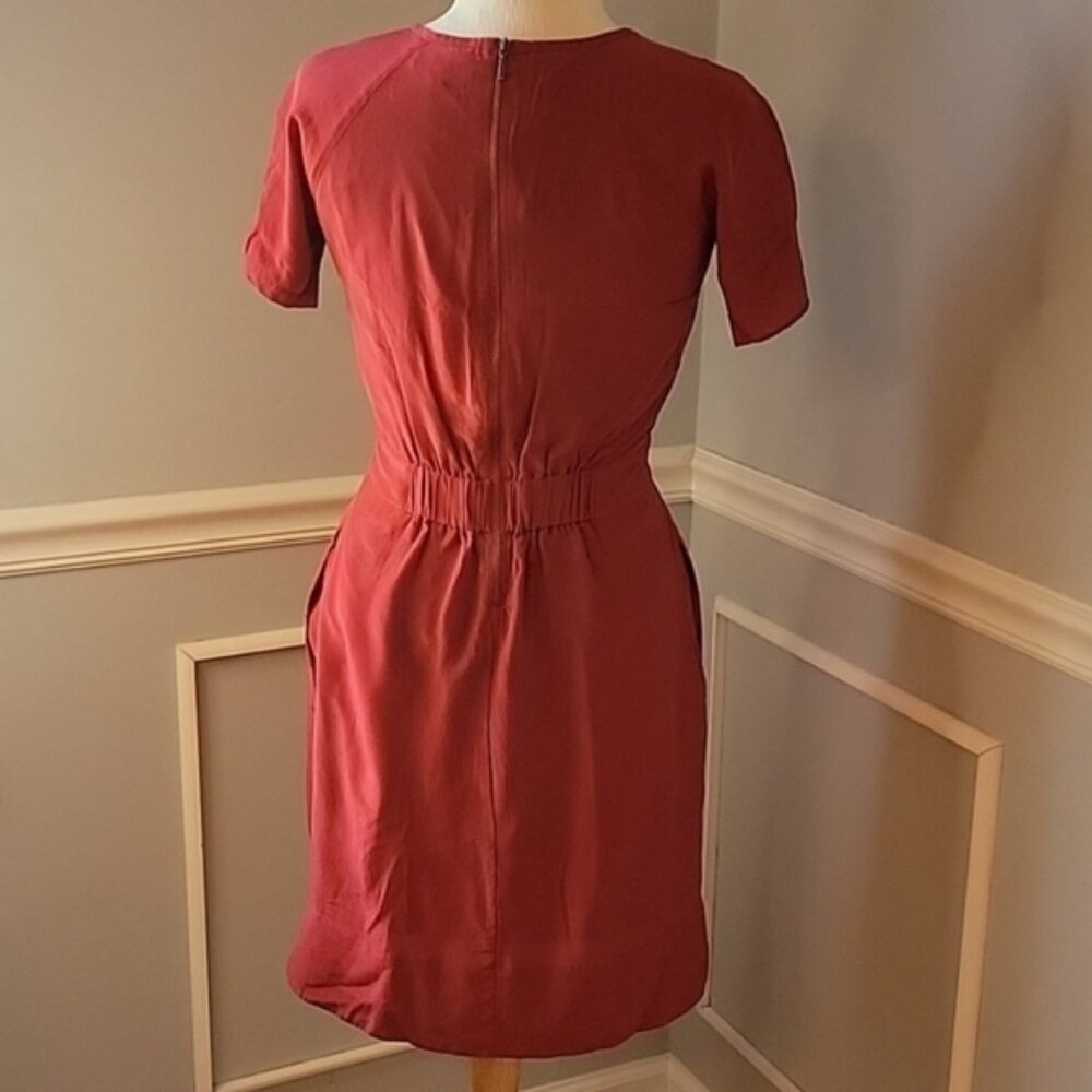 MADEWELL 100% Silk Rust Color Short Sleeve Hi Low Hem Autumn Casual Preppy Dress - Picture 3 of 9
